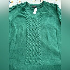 Lane Bryant Green V-Neck Cable Knit Sweater